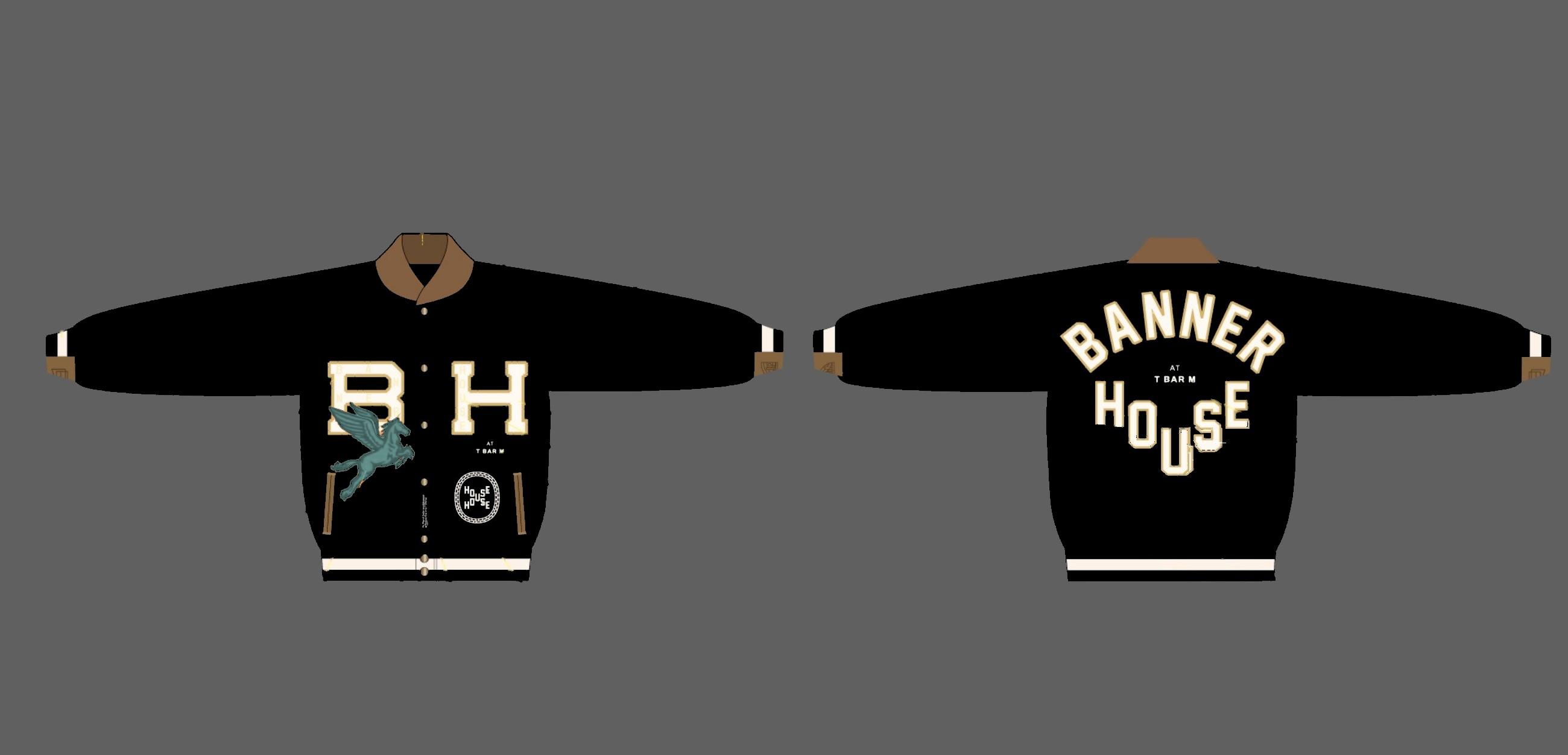 Banner House custom varsity jacket CAD, front and back