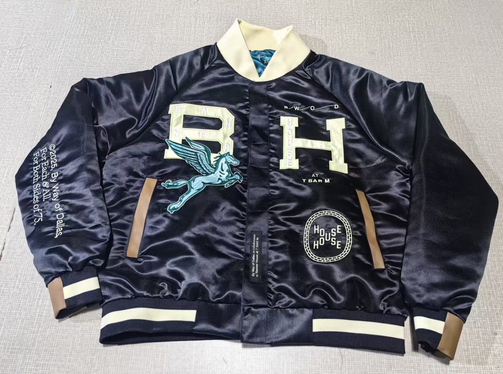 Banner House jacket: custom repeat lining, chenille, appliqué, leather trim and embroidery