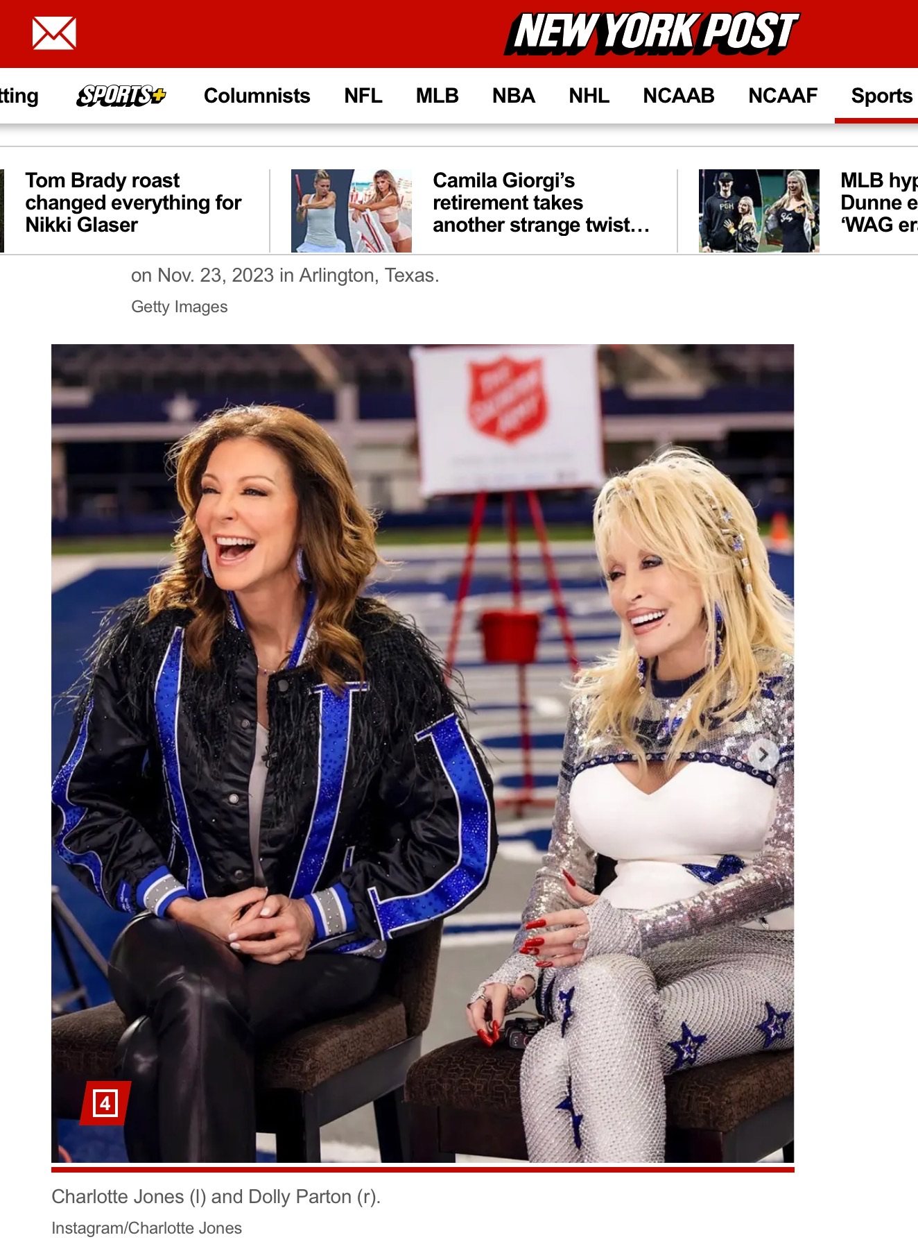 Charlotte Jones and Dolly Parton in the New York Post wearing the custom Dallas Cowboys jacket