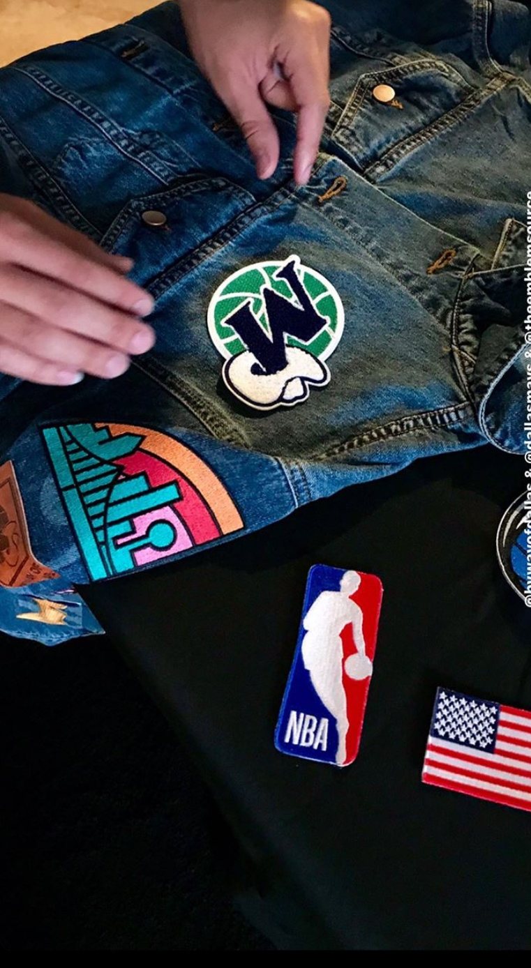 Dallas Mavericks City Edition denim jacket custom patch placement in the studio