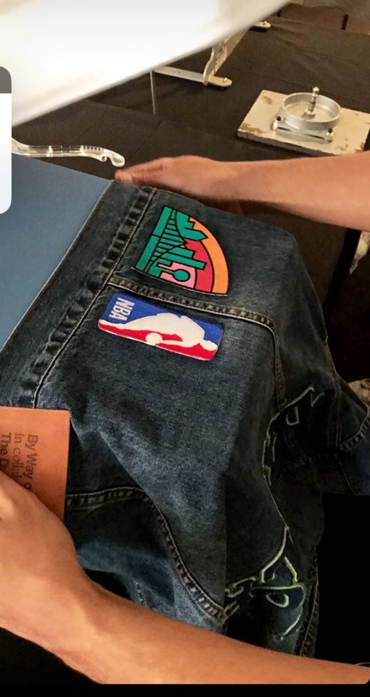 Dallas Mavericks City Edition denim jacket custom patch placement in the studio