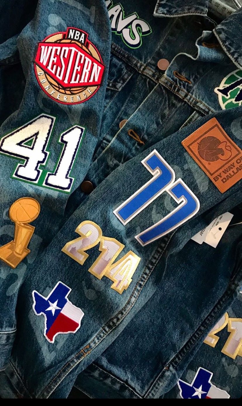 Dallas Mavericks City Edition denim jacket custom patch placement in the studio