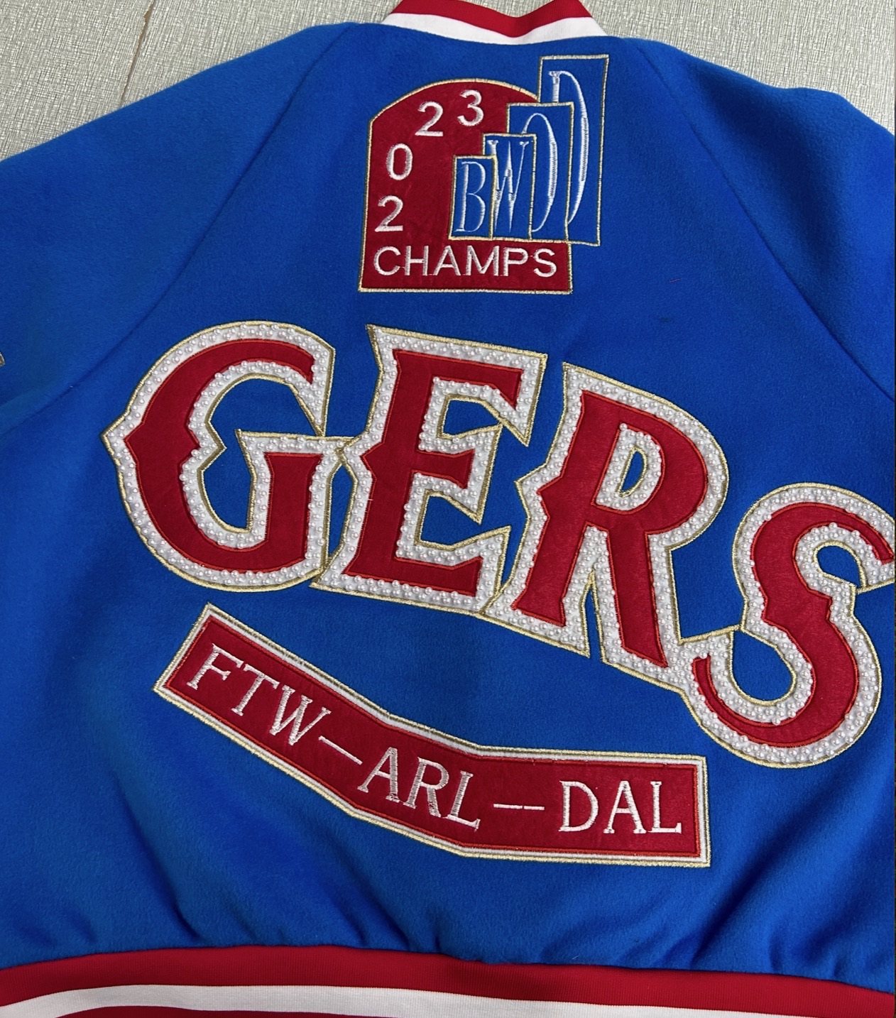 Texas Rangers jacket chenille, appliqué and pearl detail