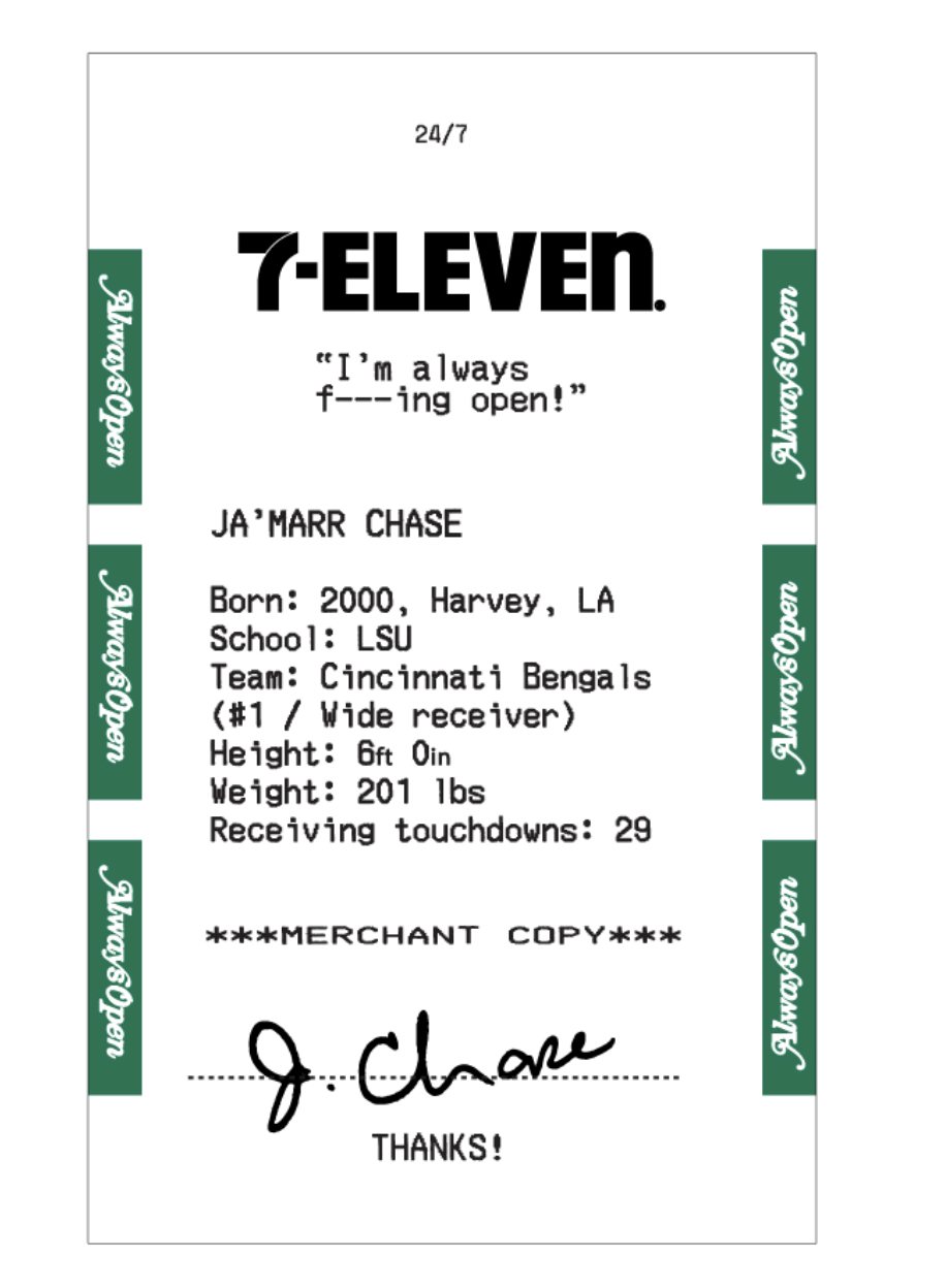 Custom woven Ja'Marr Chase stats neck label for the 7-Eleven reflective puffer