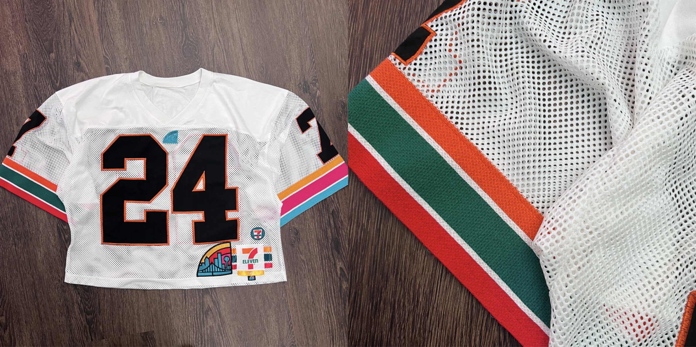 7-Eleven collection CAD and finished product side by side, custom apparel development