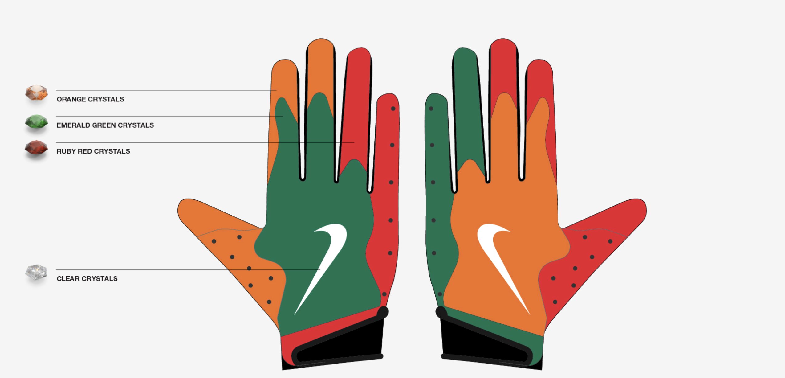 Hand-placed Swarovski crystal receiver gloves, from CAD and pattern to crystal transfer and finished glove