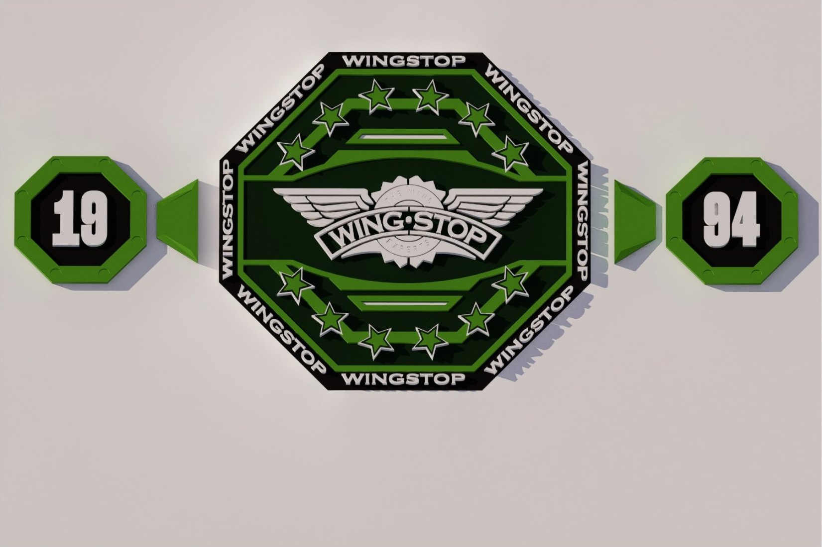 Custom Wingstop championship belt 3D render with 19 and 94 side plates