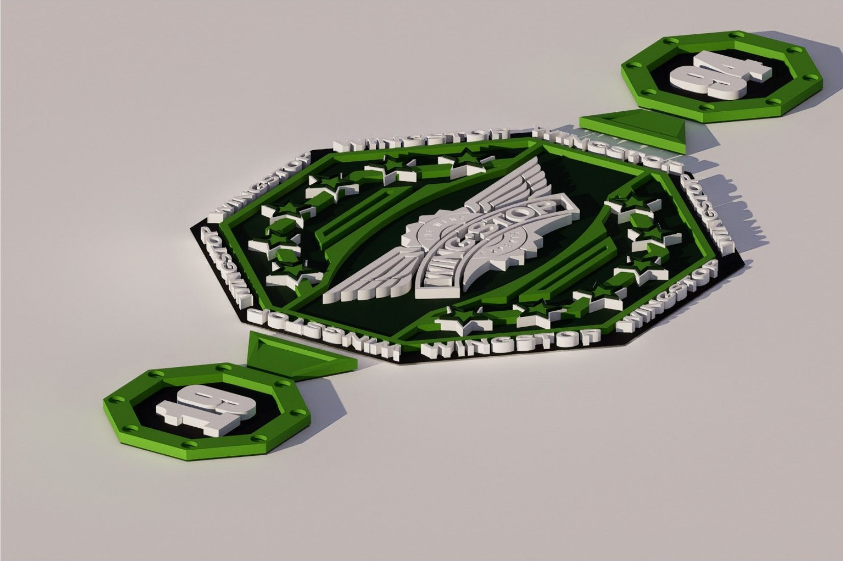 Custom Wingstop championship belt 3D render with 19 and 94 side plates