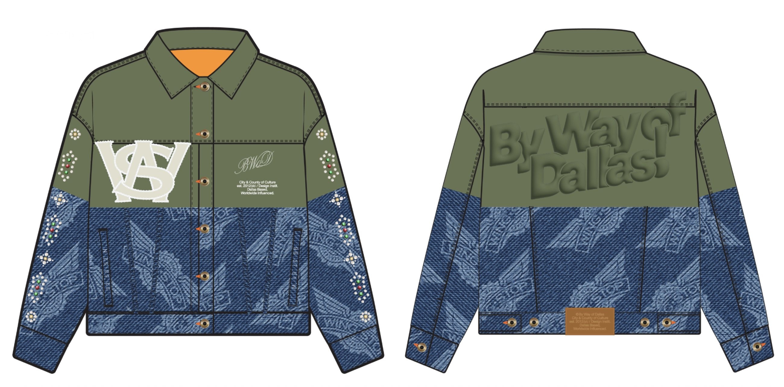 Club Wingstop satin and denim jacket CAD, front and back